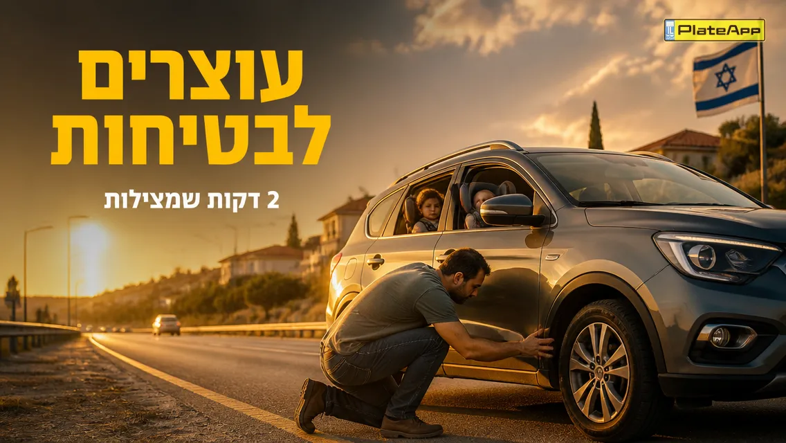 הורה עוצר בצד ובודק צמיג ברכב משפחתי בזמן שהילדים מאחור