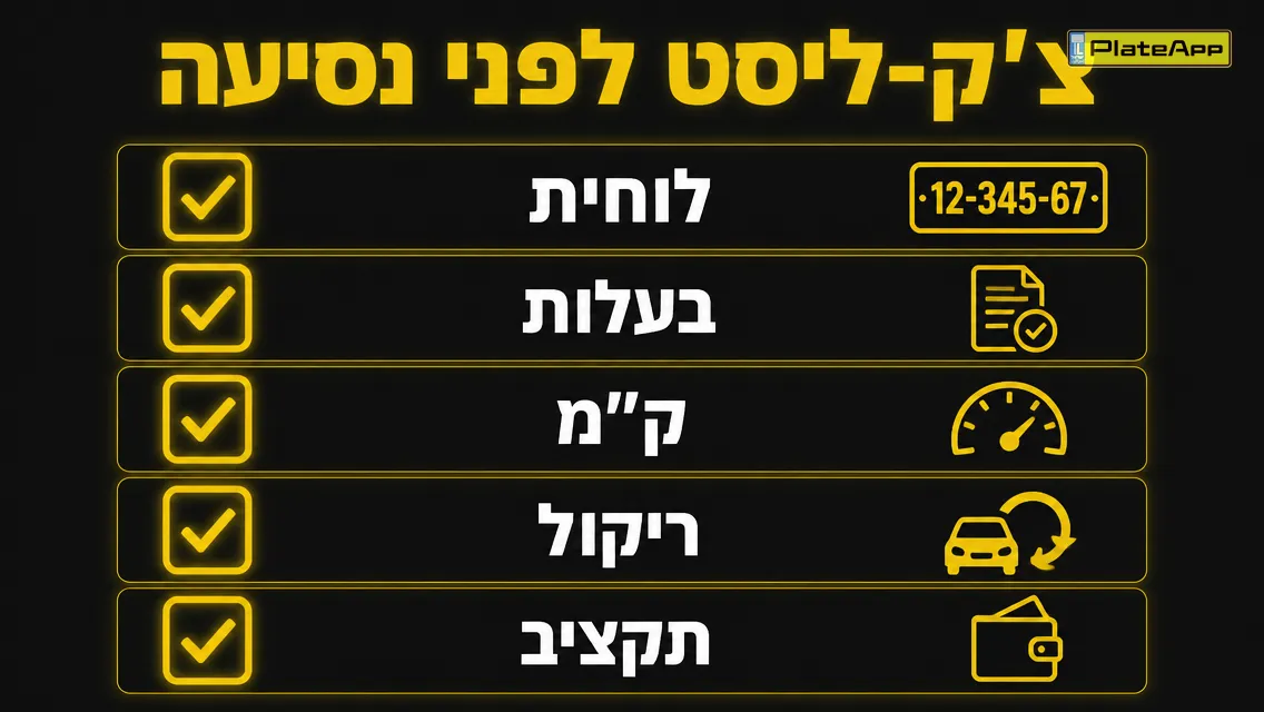 צ'ק-ליסט לפני נסיעה לראות רכב: לוחית, בעלות, קילומטראז', ריקול, תקציב