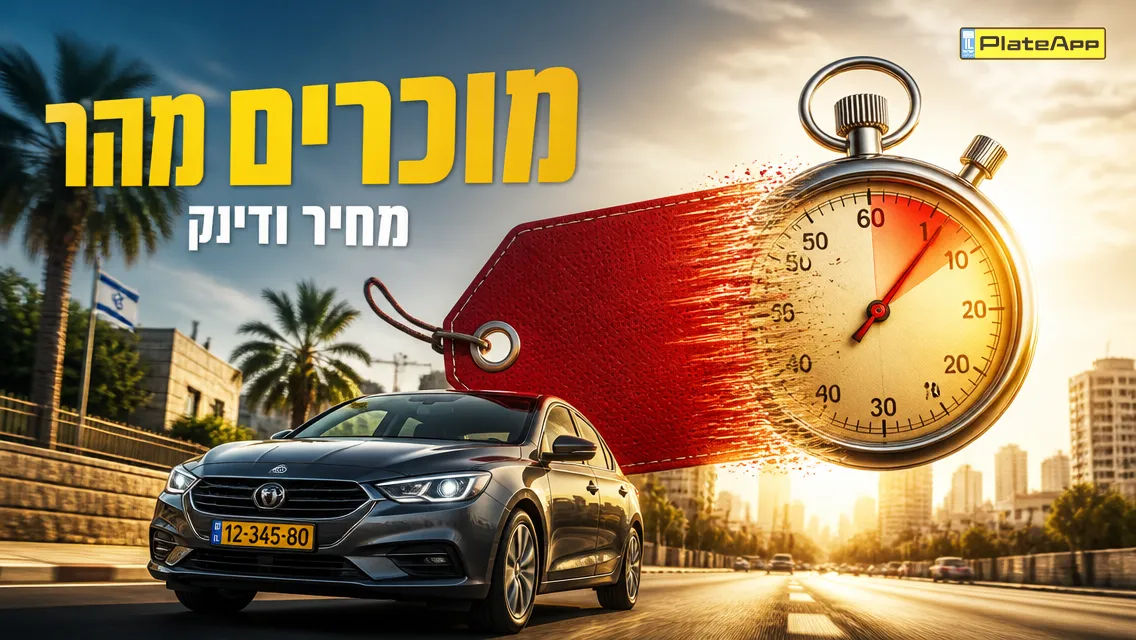מכונית יד שנייה עם תג מחיר שהופך לשעון עצר, מטאפורה למהירות ותמחור מדויק