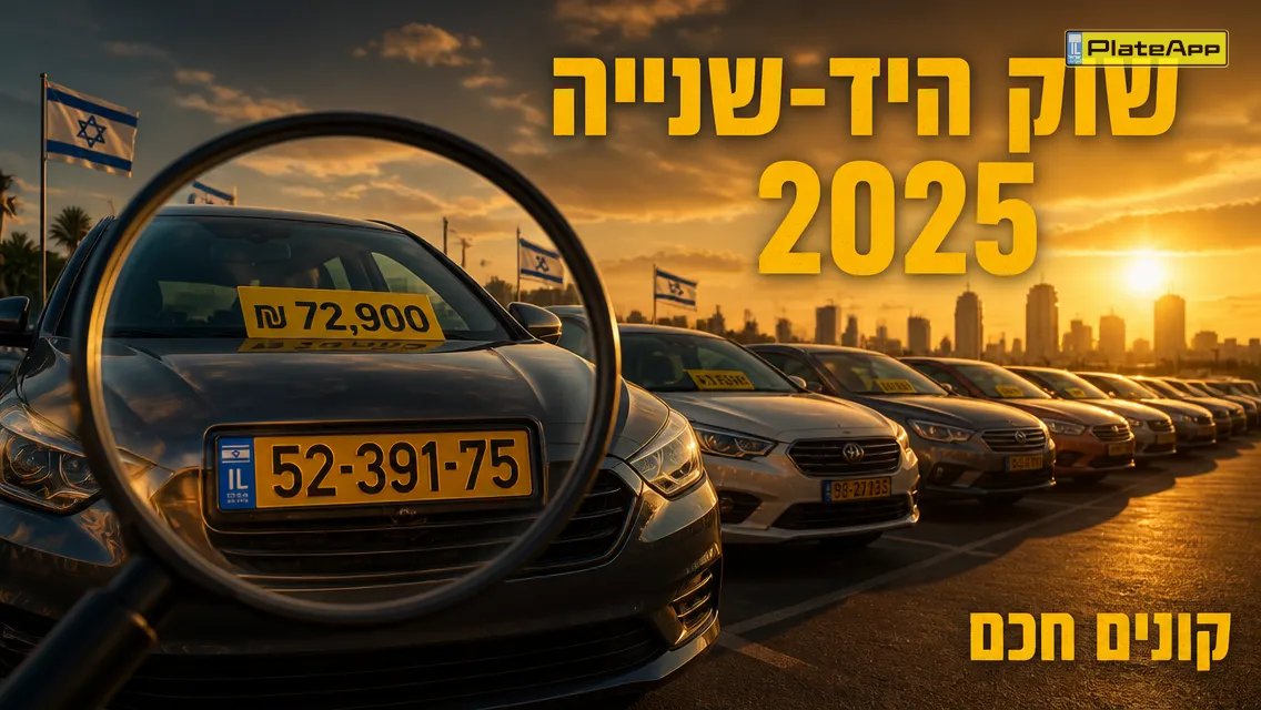 חניון רכבי יד שנייה צפוף עם זכוכית מגדלת מעל לוחית ומחיר, כיתוב: שוק היד‑שנייה 2025