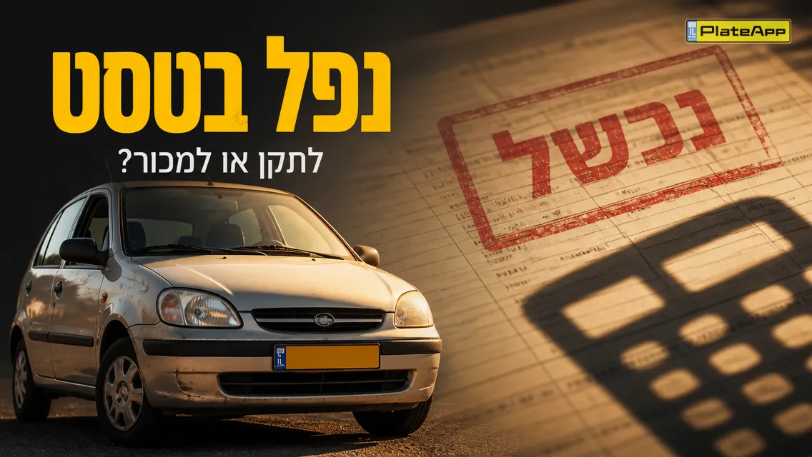 מכונית ישנה מול חותמת "נכשל" ומחשבון שמרמז על קבלת החלטה כלכלית
