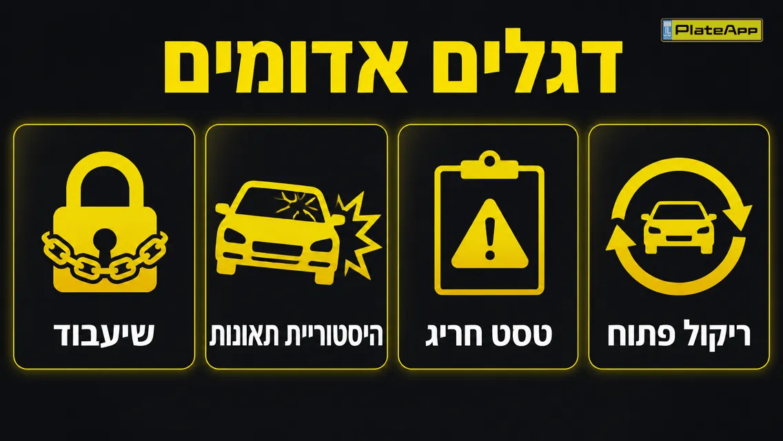 אינפוגרפיקה של דגלים אדומים בבדיקת רכב לפי לוחית: שיעבוד, תאונות, טסט חריג, ריקול פתוח