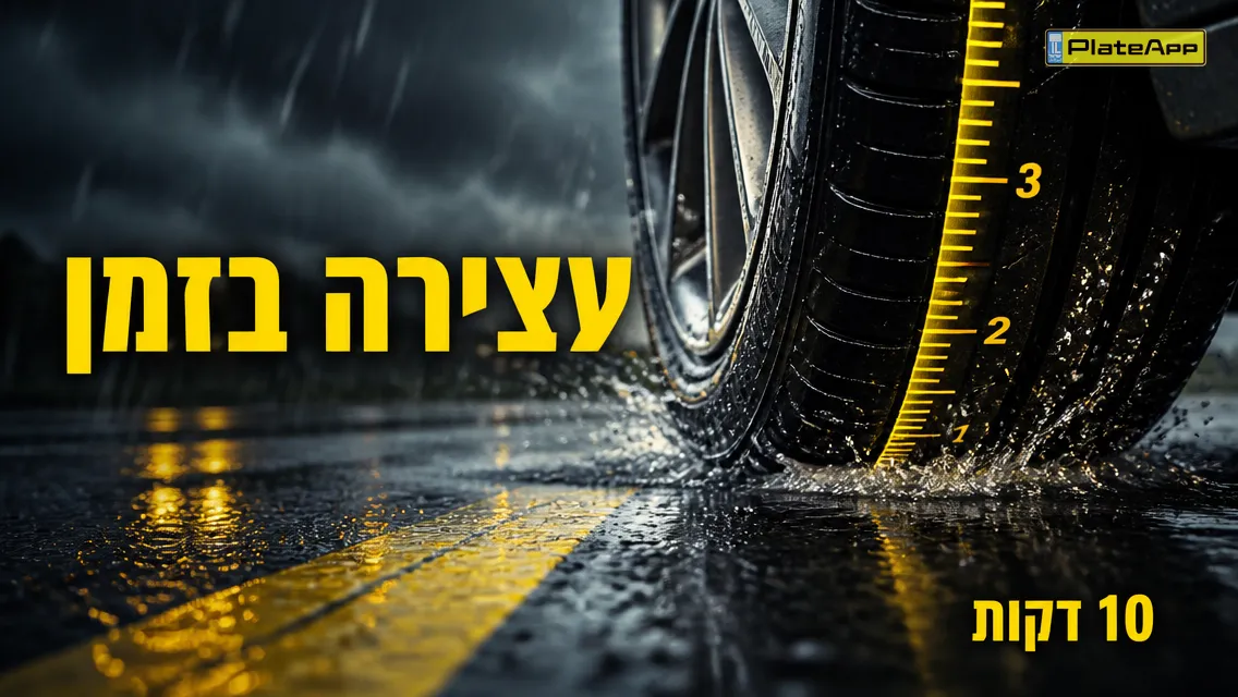 צמיג על כביש רטוב עם שלוליות ופס מדידה צהוב כרקע ויזואלי לבדיקת עומק חריצים לפני הגשם הראשון