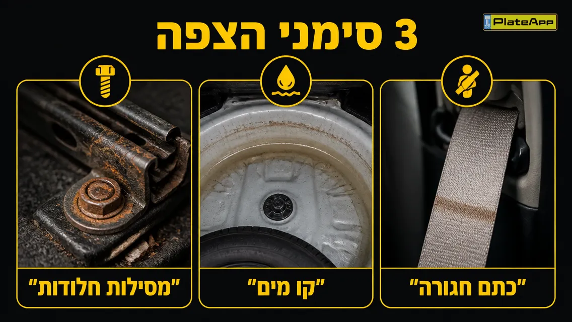 אינפוגרפיקה של שלושה סימני הצפה פנימיים: מסילות חלודות, קו מים, וכתם באמצע חגורת בטיחות