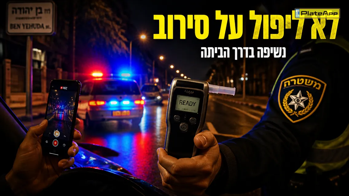 נהג נעצר בלילה, נשיפה מול שוטר עם מצלמת טלפון פעילה וכיתוב לא ליפול על סירוב