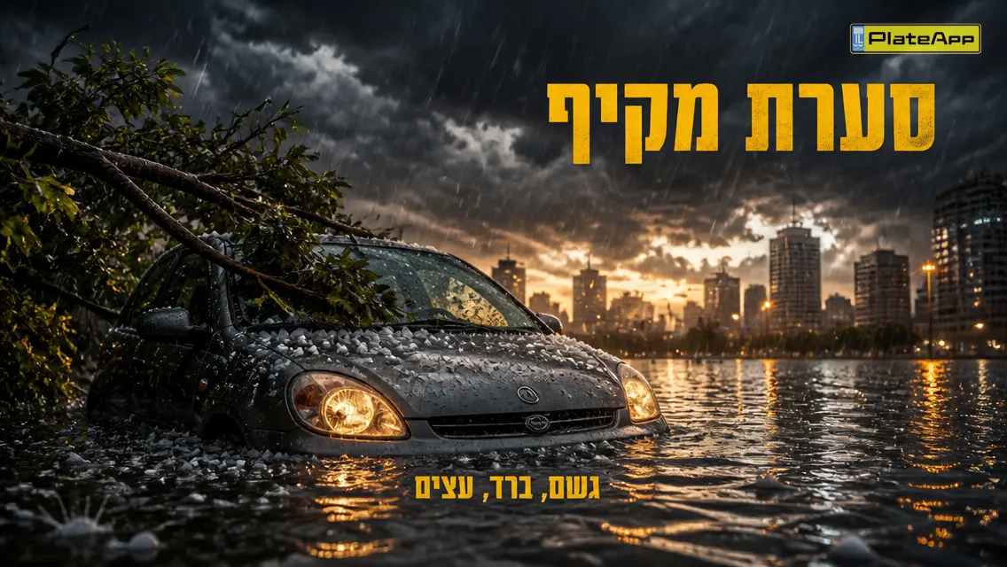 מכונית קטנה בשיטפון עירוני תחת ענף עץ וברד, עם כותרת סערת מקיף